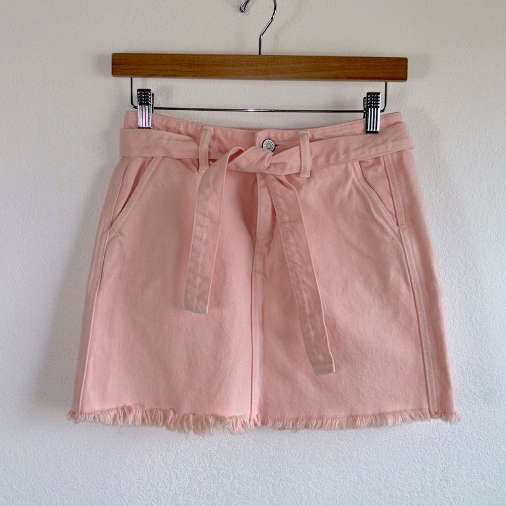 Kancan Pink Cutoff Raw Frayed Hem Tie Front Belted Jean Denim Mini Skirt Sz XS